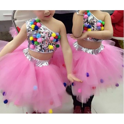 White pink children's dance stage costume for girls modern dance kids jazz dance costumes sequin clothes for singers contemporary dance costumes